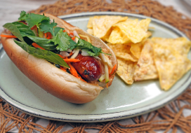 Image of Portuguese Sausage Banh Mi Hotdogs with Pickled Summer Vegetables